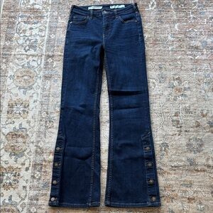 Anthropologie Dark Blue Flare Jeans with Button Accents Pilcro
